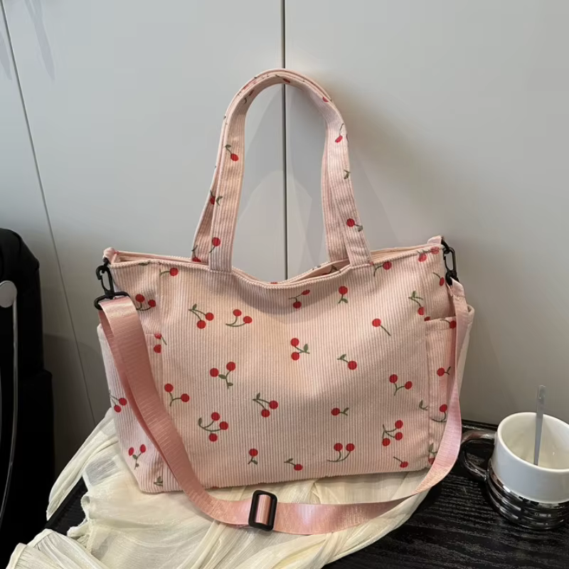 Sac à bandoulière chic en velours côtelé à imprimé cerises avec sangle réglable, grande capacité, st