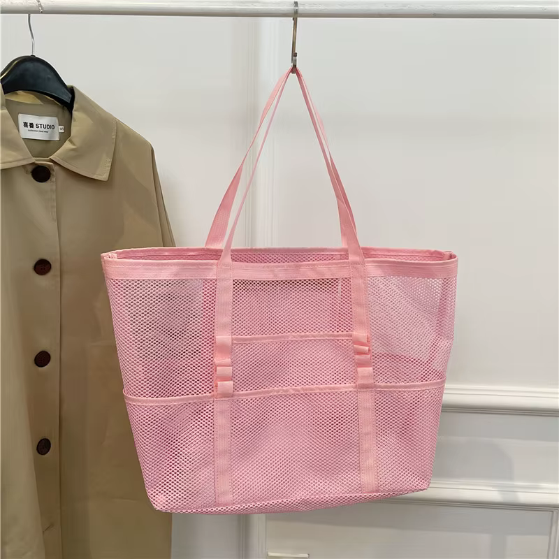 Sac de plage en maille Portable pour femmes, sac de lavage de rangement de voyage de maquillage, sac