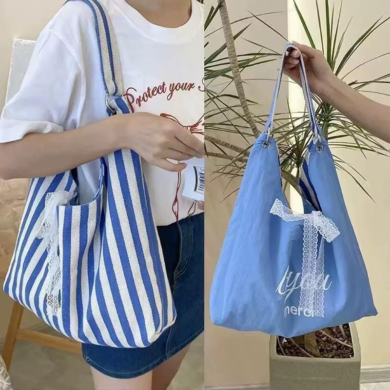 Sac hobo rayé pour femme, sac fourre-tout en toile avec nœud en dentelle, sac à bandoulière réversib