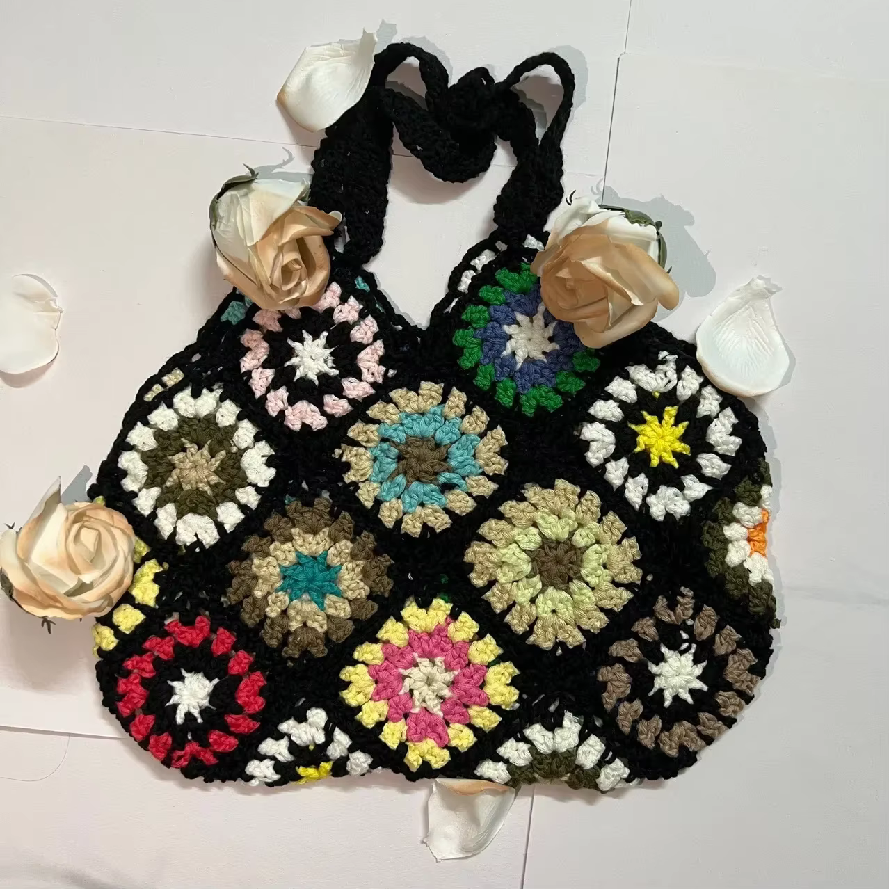 Sac fourre-tout Boho de grande capacité, sac à main évidé multicolore, crochet floral, fait à la mai