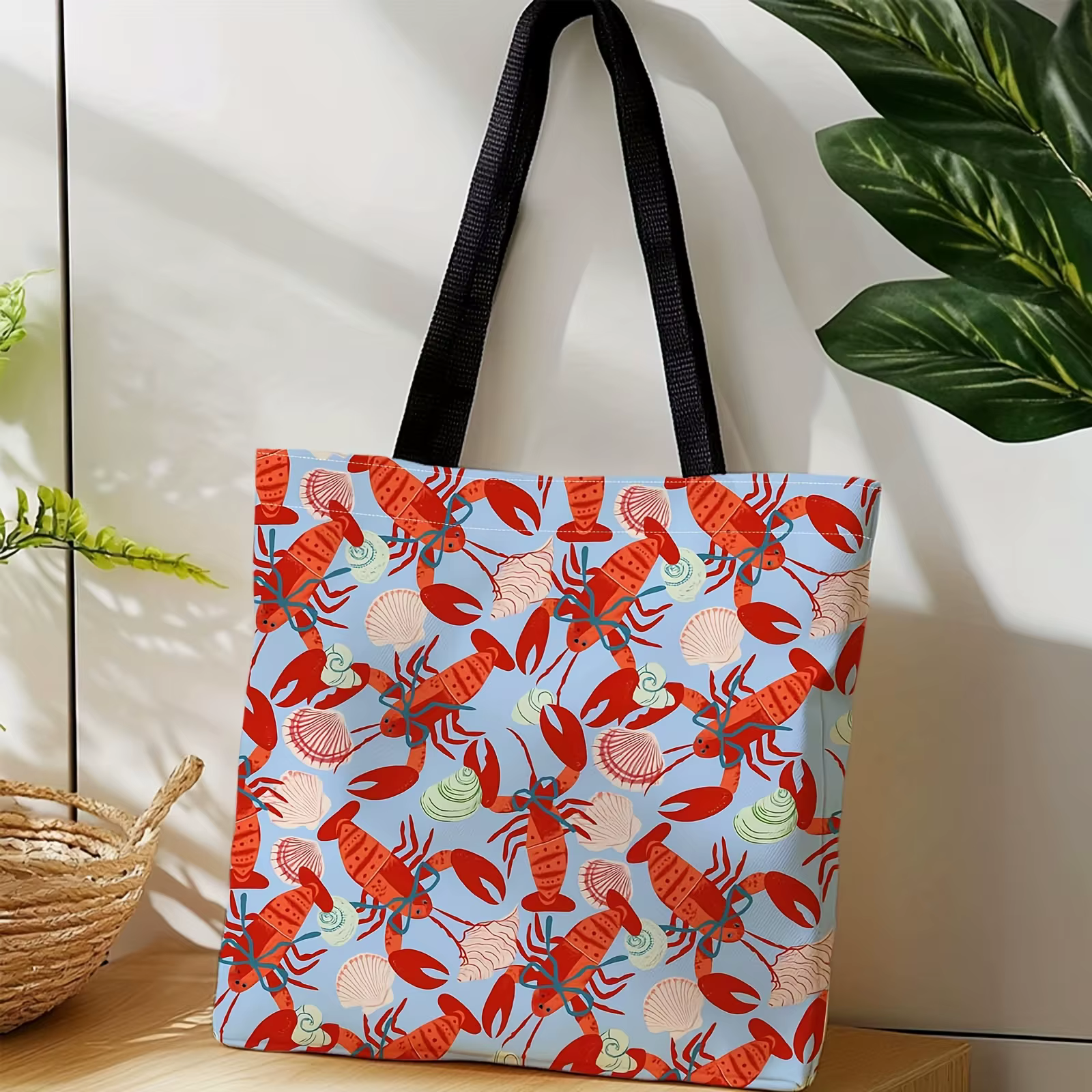 Sac fourre-tout imprimé coquille de homard, sac de plage en toile avec sangle noire fixe, motif homa