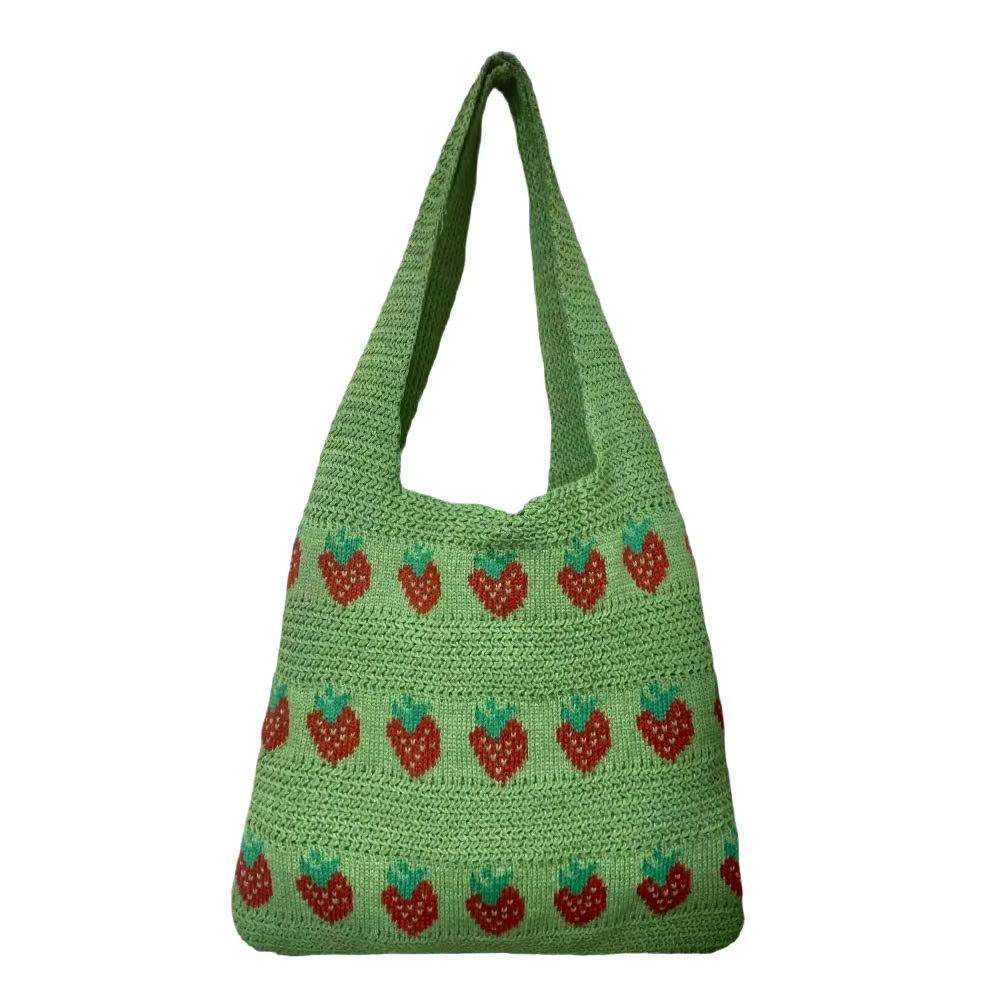 Sac à main tricoté pour femme, motif fraise, grande capacité, sac en crochet durable et léger, sac f