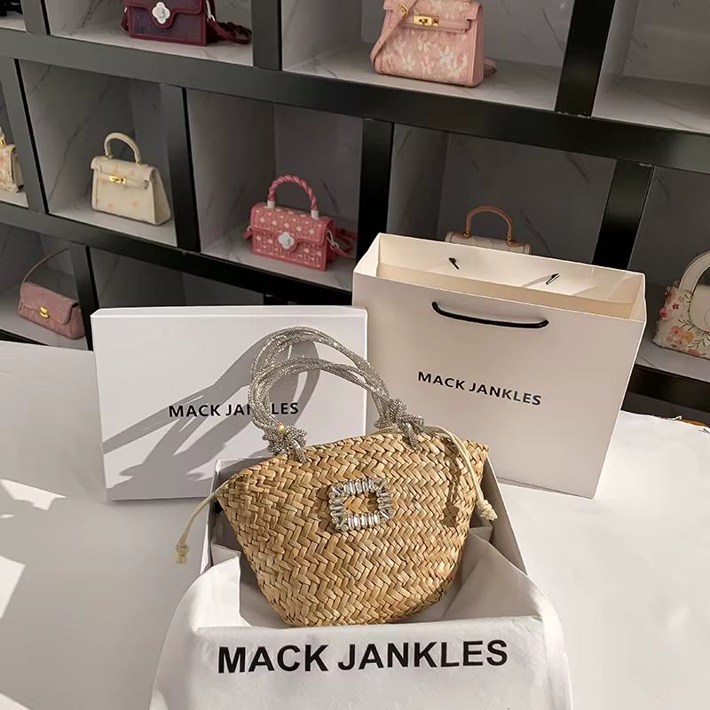 Sac à Main en Paille Tissée à la Main avec Strass Brillants pour Femme, Pochette de Plage et de Vaca
