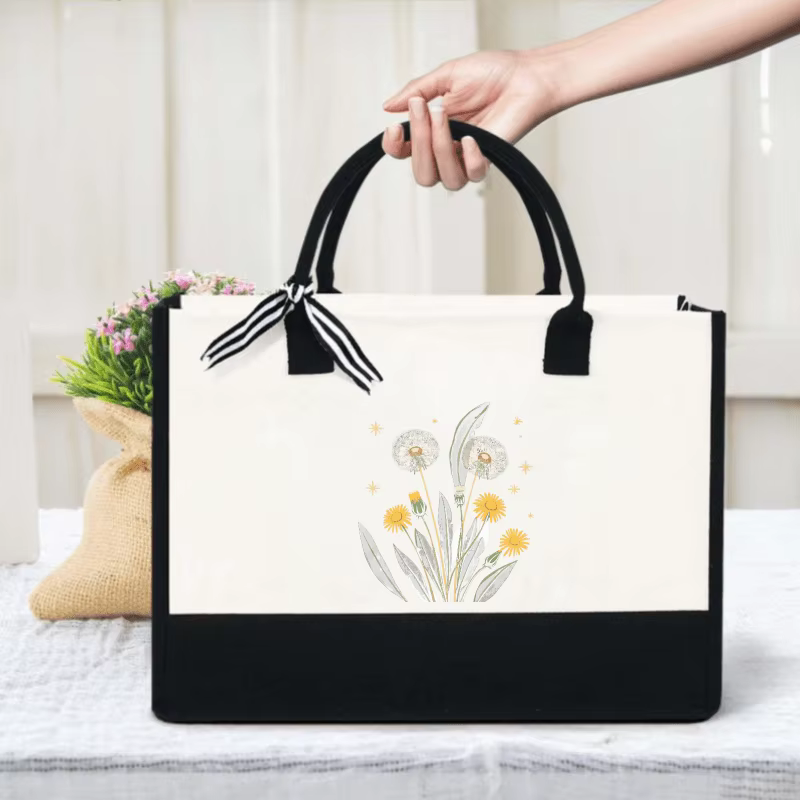 Sac à main en toile imprimé pissenlit noir et fleurs sauvages pour un usage quotidien