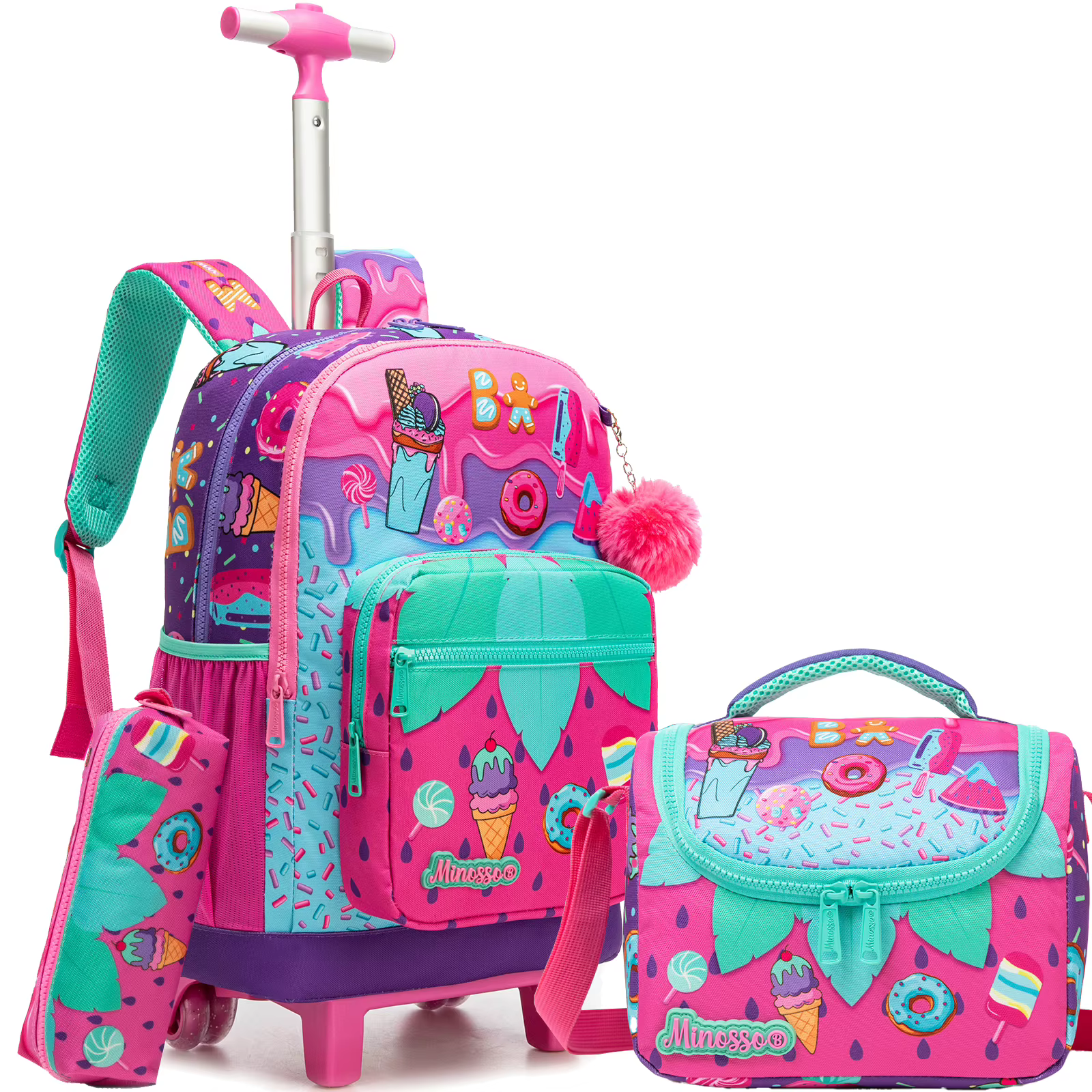 Sac à dos roulant pour filles avec boîte à déjeuner, sacs à dos d'école à roulettes de 16,5 pouces p