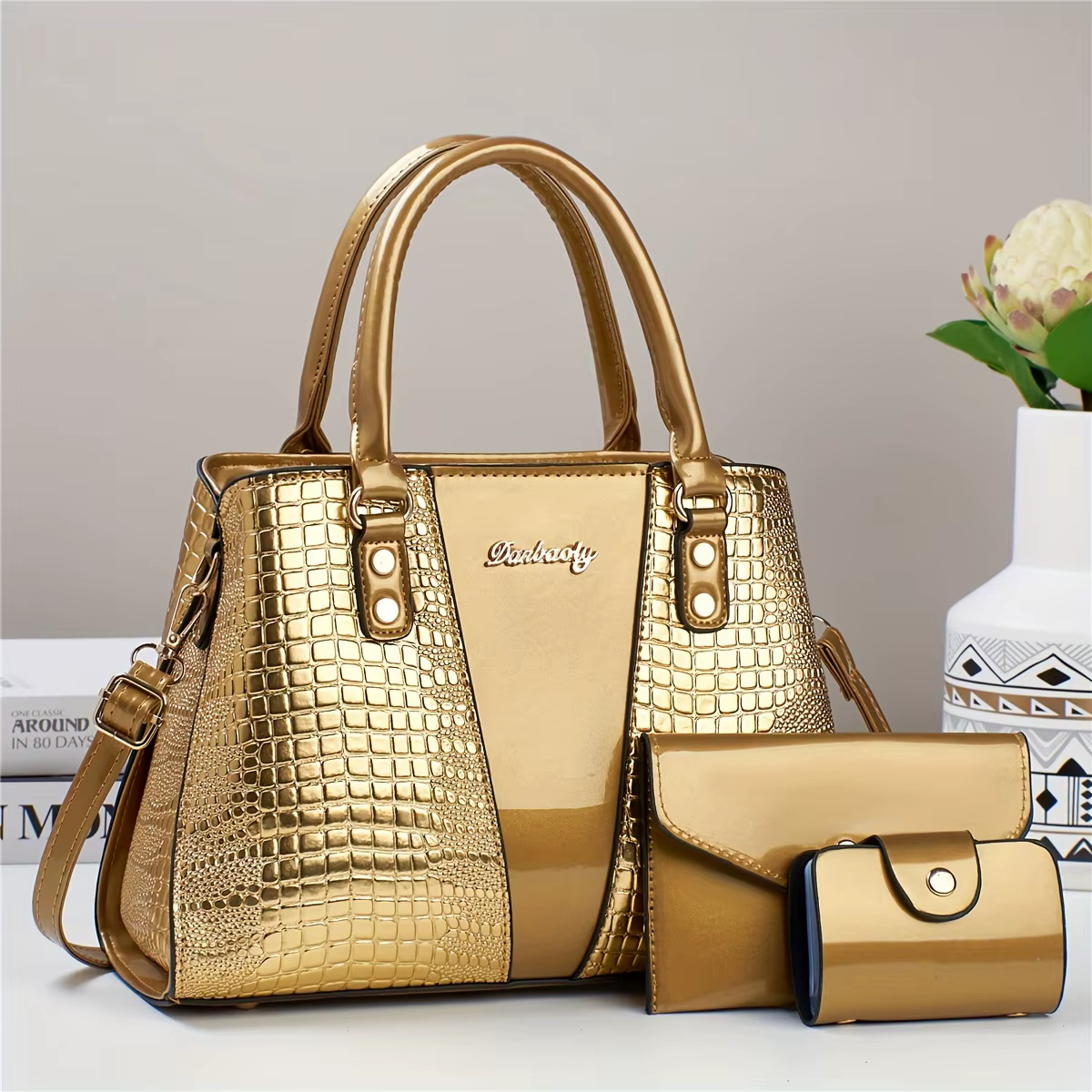 Ensemble de sacs à main de luxe 3 pièces, sac à bandoulière motif Crocodile de grande capacité, four