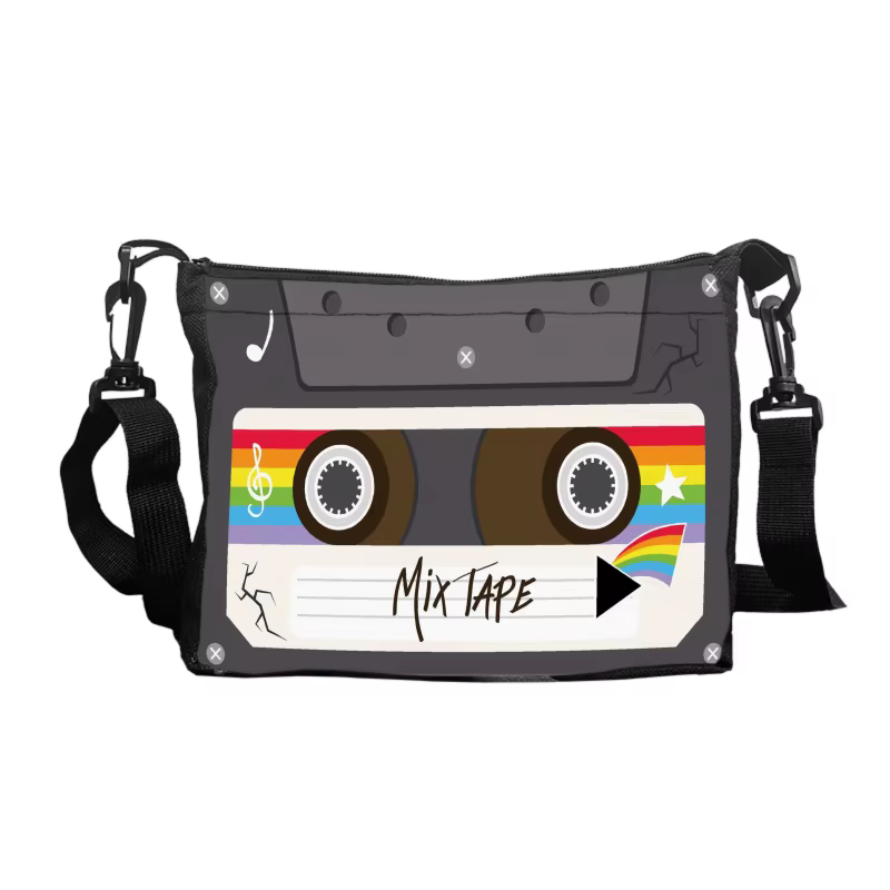 Sac à bandoulière en polyester avec ruban à cassette, motif géométrique, thème de dessin animé, avec