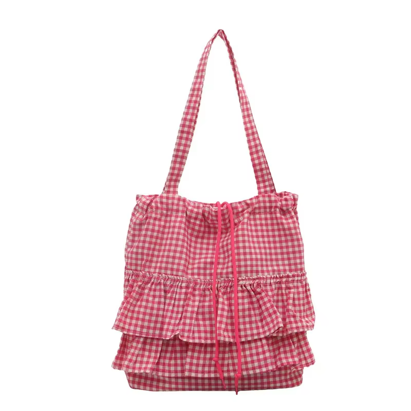 Sac fourre-tout pour femme, à volants, à carreaux, avec cordon de serrage, sac à main en toile tenda