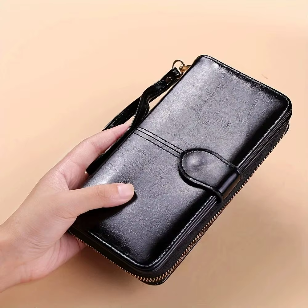 Femmes Vintage huile cire PU cuir pochette portefeuille femme grande capacité téléphone sac à main d