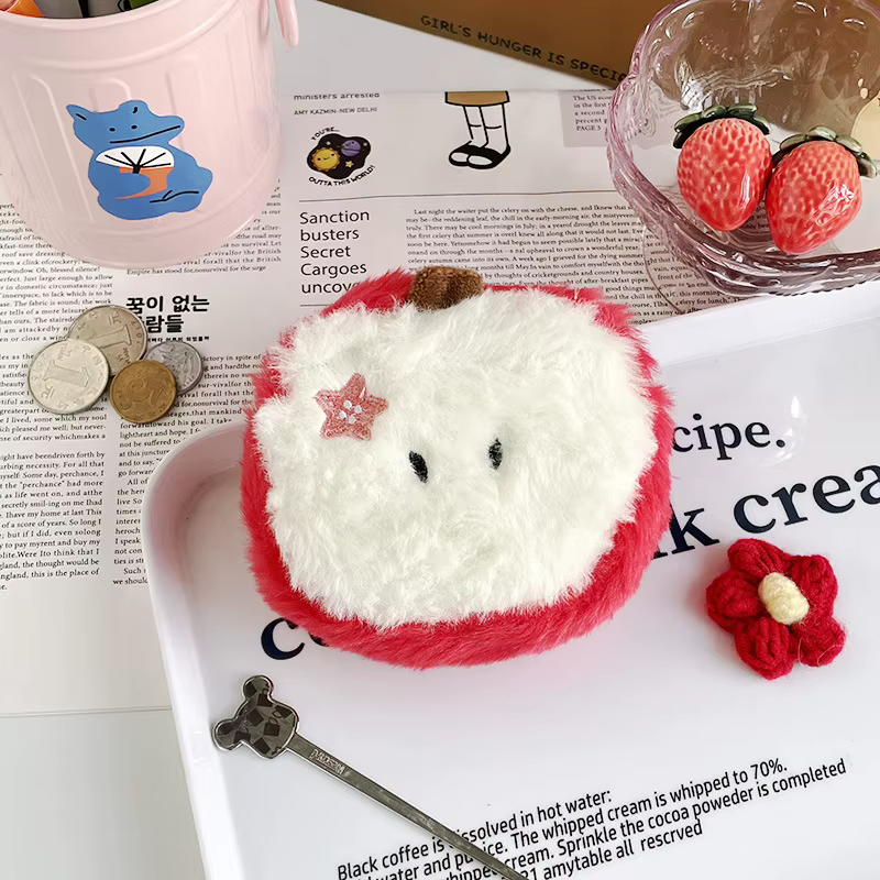 Porte-monnaie en peluche pomme mignon, Mini pochette Kawaii pour filles, porte-clés, portefeuille po