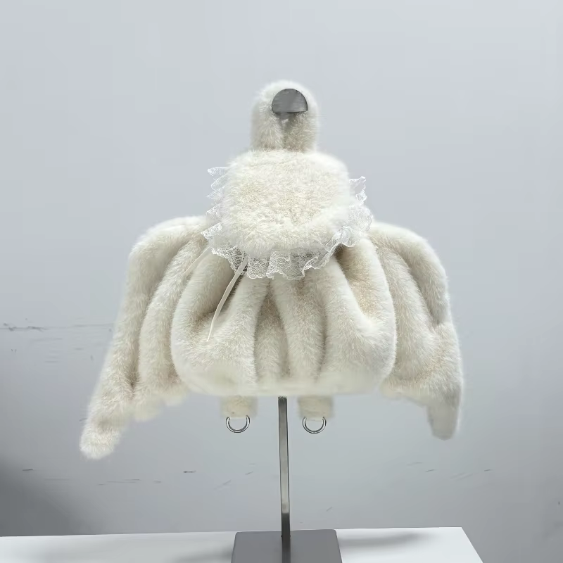 Blanc fausse fourrure ailes d'ange sac à dos dentelle décor mignon sac à bandoulière en peluche Kawa