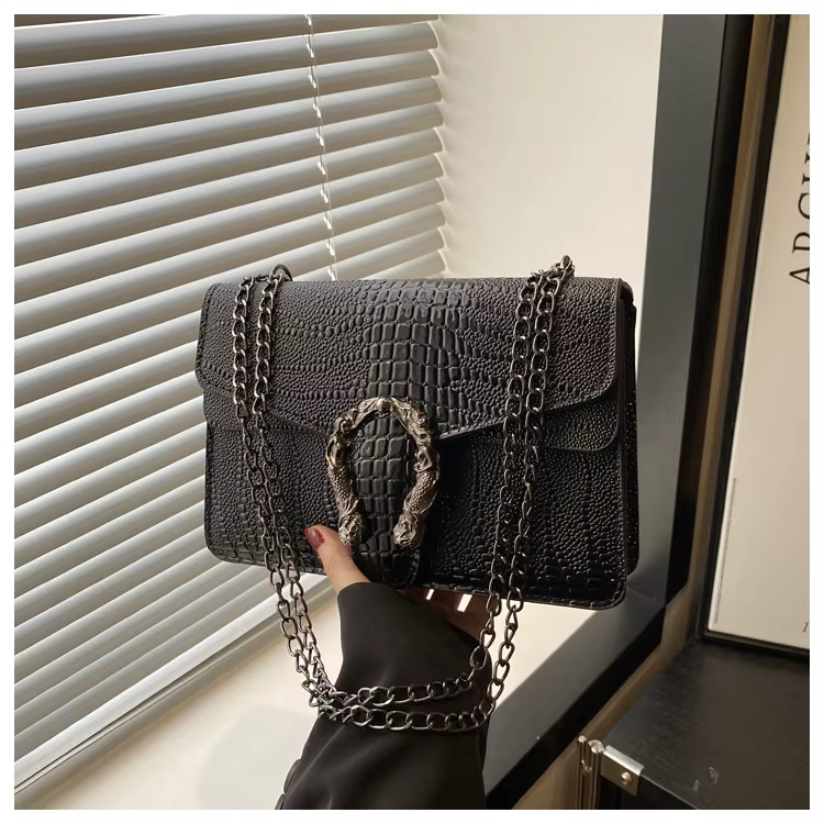 Sac rétro à imprimé serpent, sac carré polyvalent à chaîne, à porter en bandoulière