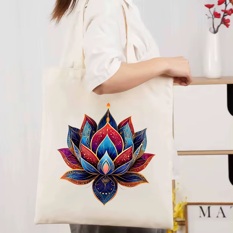 Sac fourre-tout en toile à motif de lotus blanc, adapté à un usage quotidien et au shopping