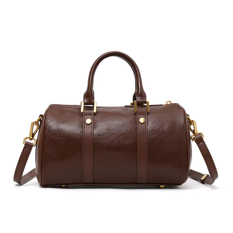Sac à main en cuir véritable pour femme avec bandoulière, sac de rangement cylindrique en forme d'or