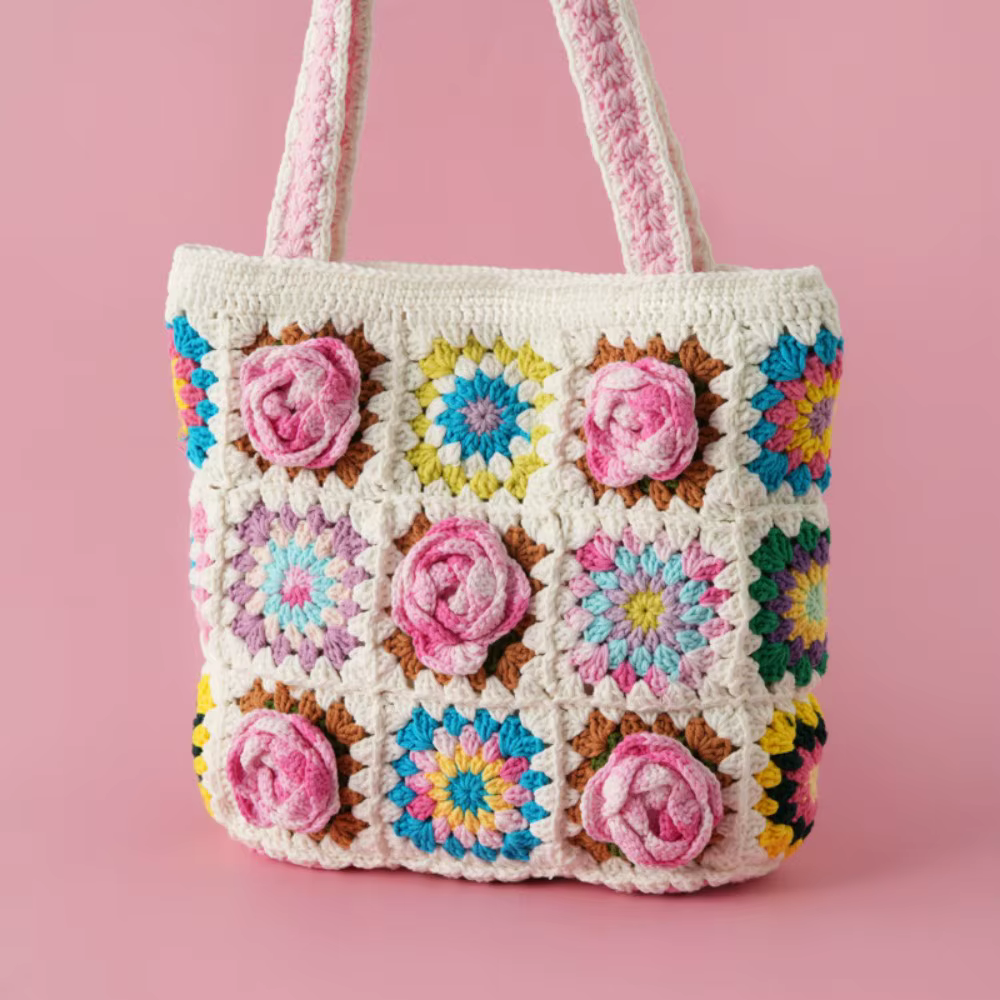 Sac en crochet fait main, tissage de 10 roses en fil de chiffon, sac à bandoulière, sac en tricot ro