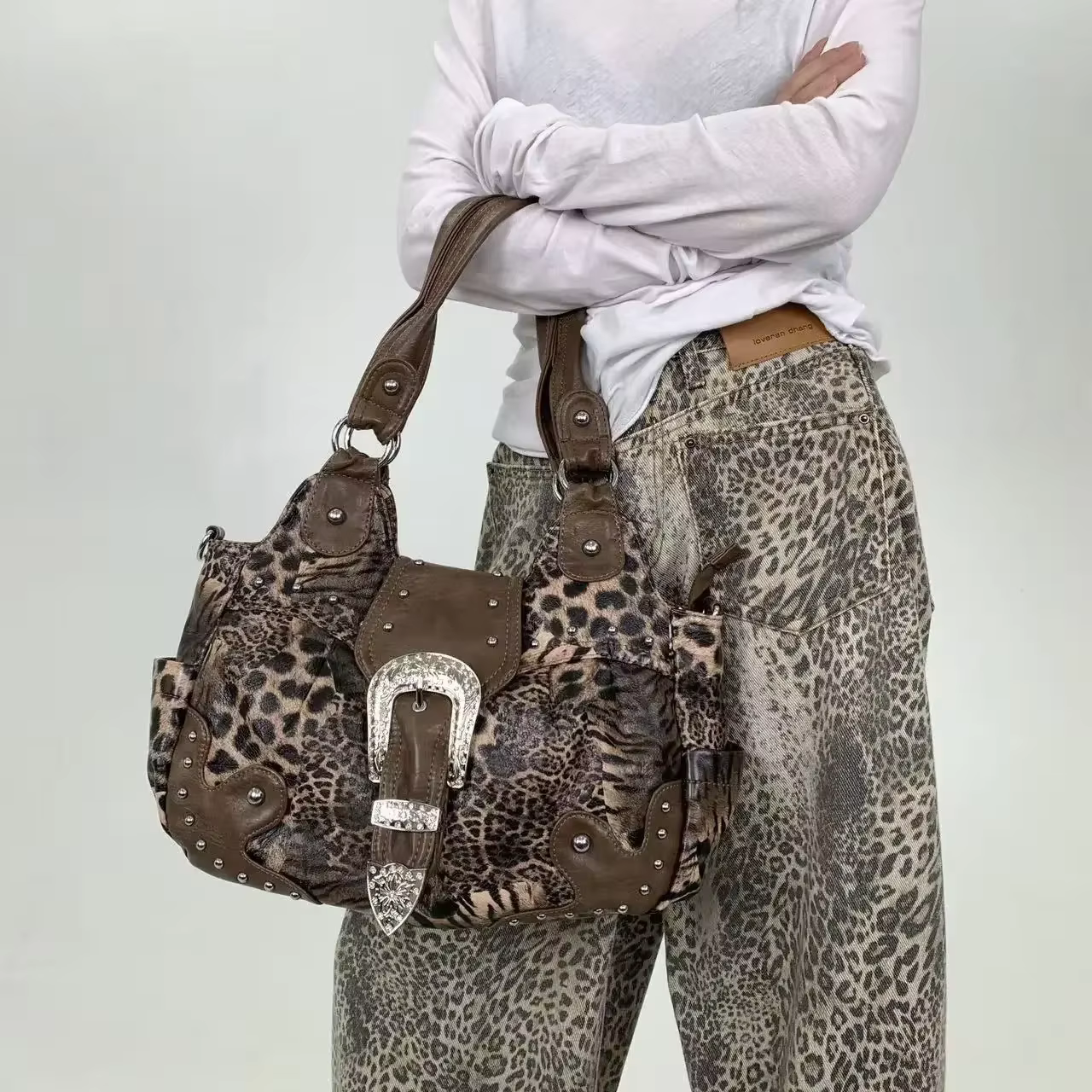 Y2K – sac fourre-tout en patchwork imprimé léopard pour fille épicée, personnalité de rue, avec plus