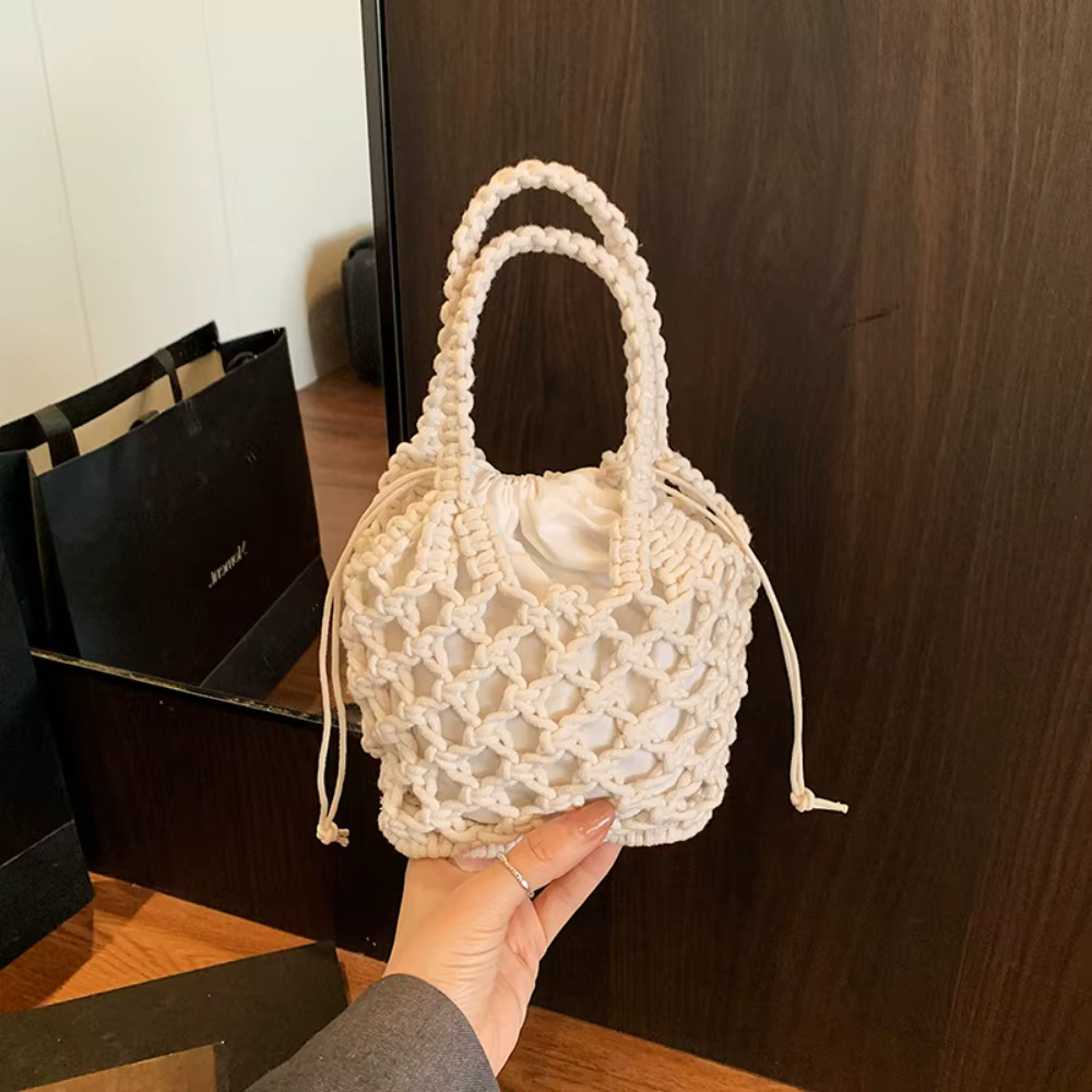 Sac seau mini tendance en tricot ajouré, style bohème, sac fourre-tout en crochet, sac de rangement 