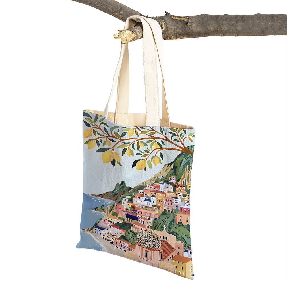 Sac de shopping paysage vintage pour femme, double impression, sacs à main en lin, fourre-tout initi