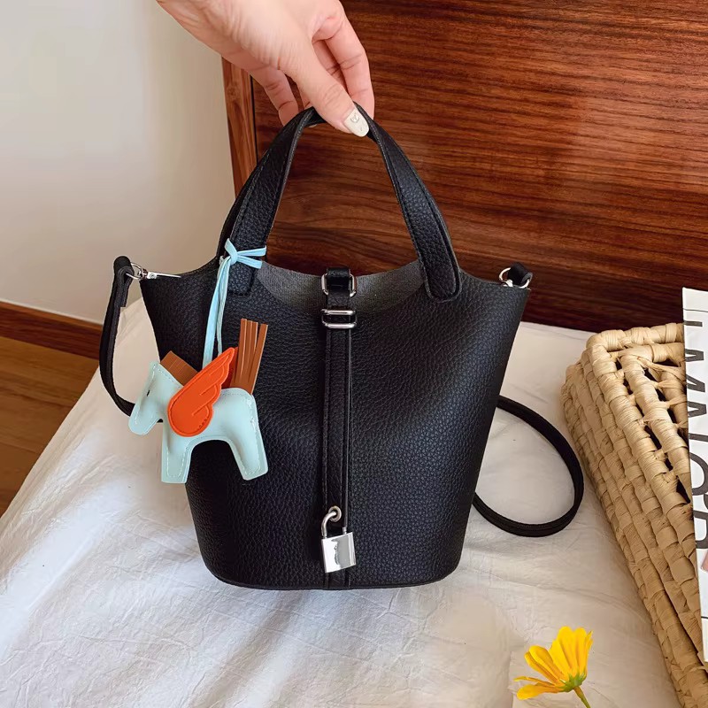 Sac seau panier de légumes pour femmes, sac à bandoulière à motif litchi, Simple, couleur unie, Nich