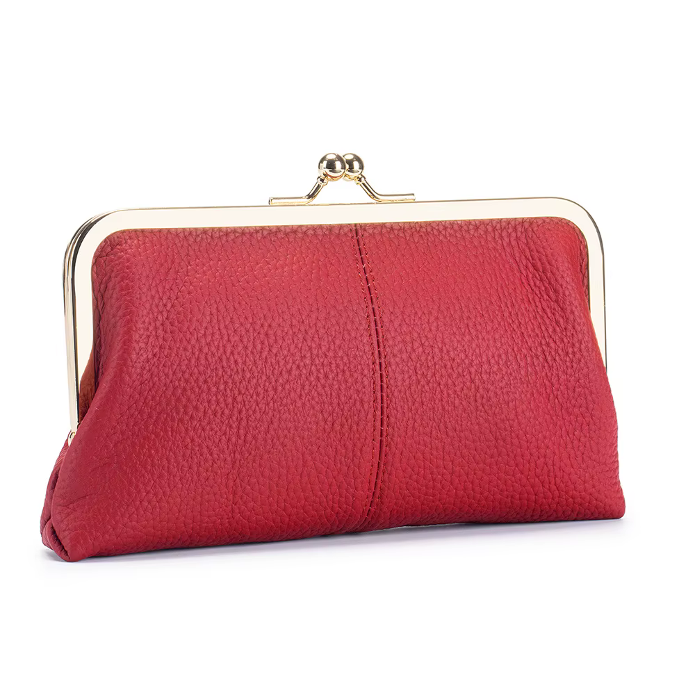 Portefeuille long en cuir véritable pour femme, pochette à fermeture Kiss-Lock, sac à main minimalis