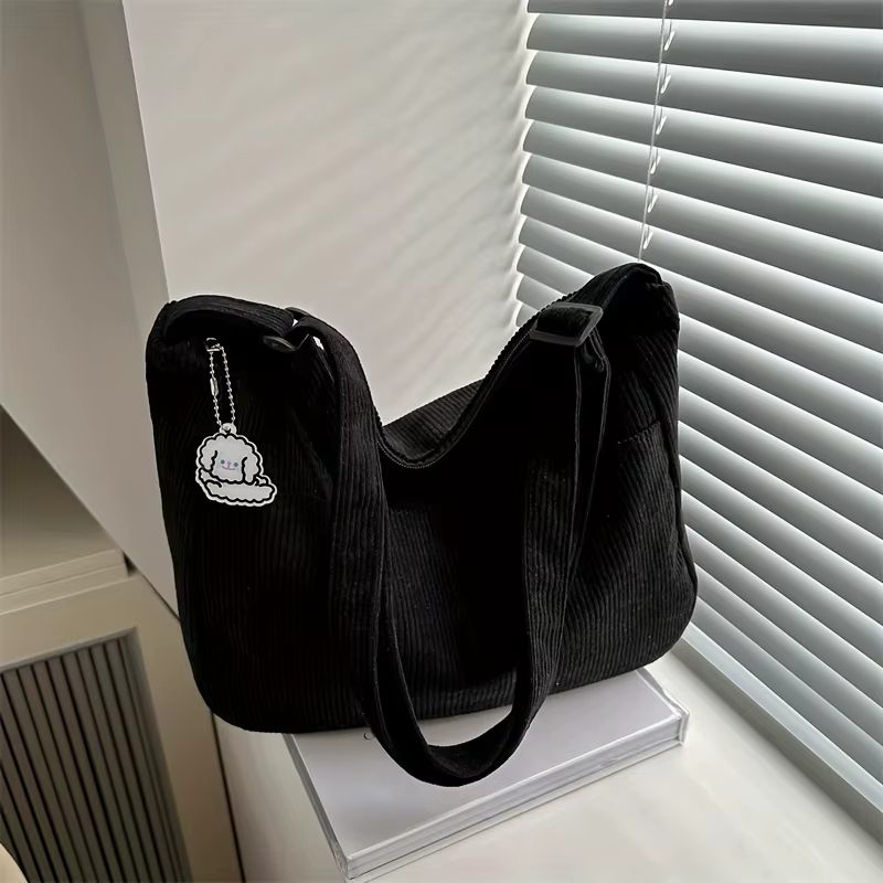 Sac à bandoulière en velours côtelé pour femmes, fourre-tout décontracté rayé de grande capacité ave