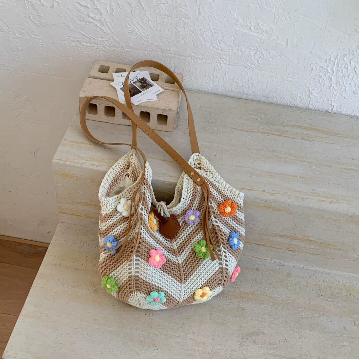 Sac à main vintage au crochet pour femme, multicolore, fleurs 3D, fait main, tissé, sacs fourre-tout