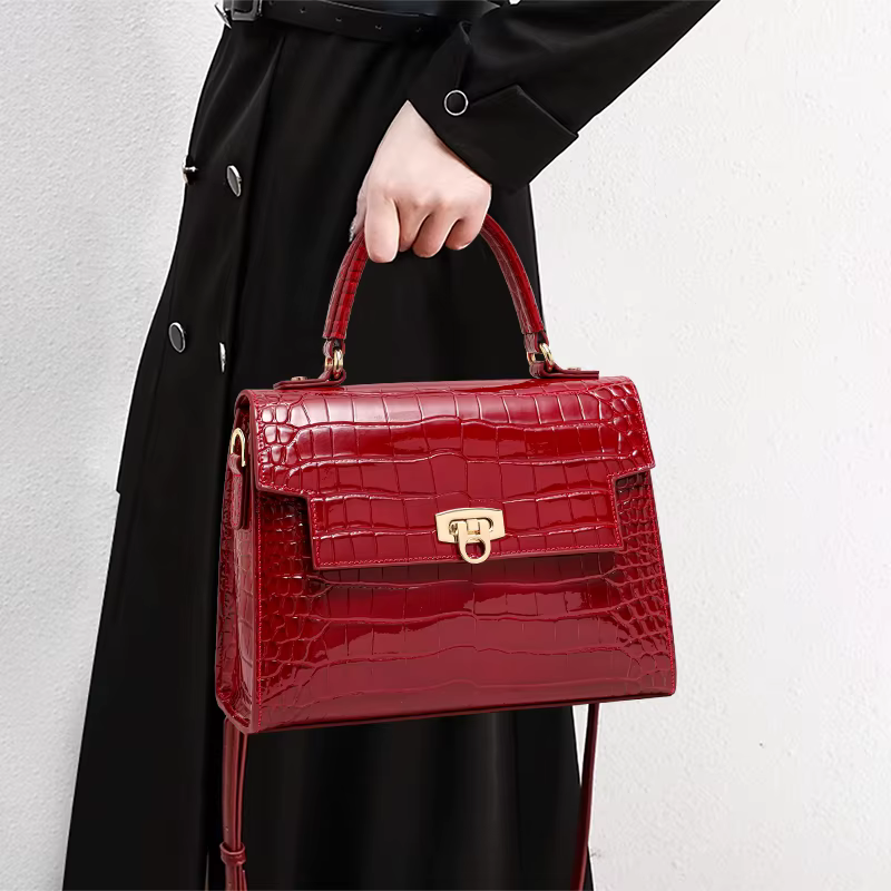 Sac à main en peau de crocodile laquée pour femme, couche supérieure, style peau de vache, haute qua