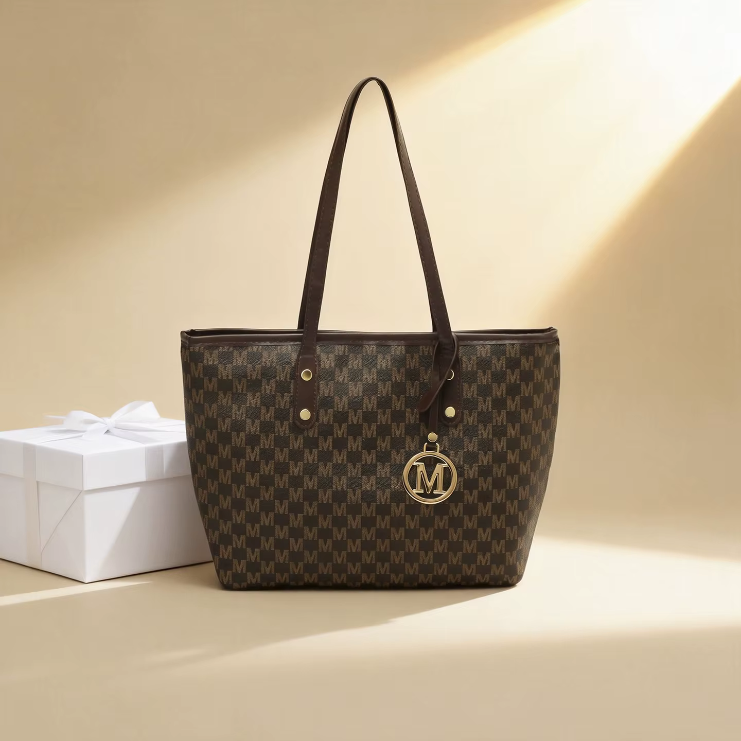 Sac fourre-tout tendance avec imprimé lettre M, pendentif lettre en PU, grande capacité, sac à bando