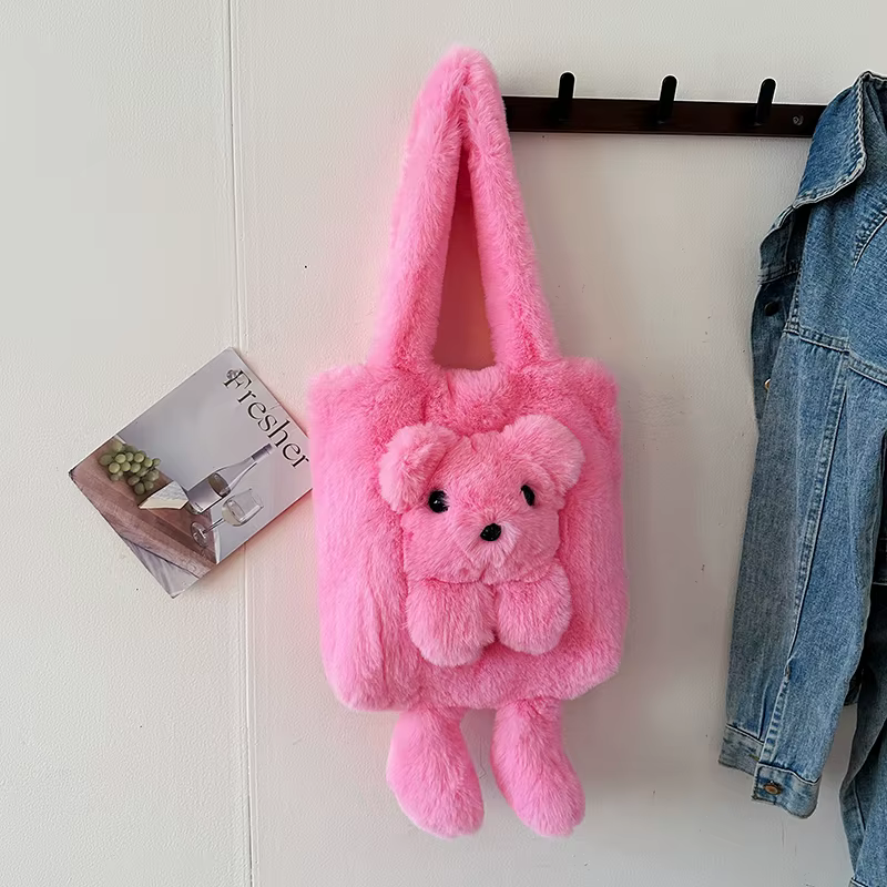 Sacs à bandoulière en peluche ours mignon pour femmes, sacs à main de styliste en fausse fourrure, f