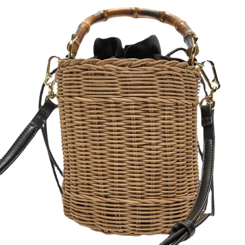 Nouveau seau en rotin tissé sac poignée en bambou sac à main pour femme mode cylindre sac de paille 