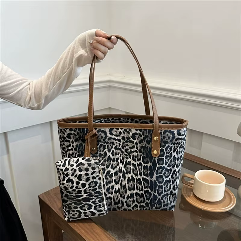Sac fourre-tout léopard avec pochette, sac à main élégant en cuir synthétique, sac à bandoulière, sa