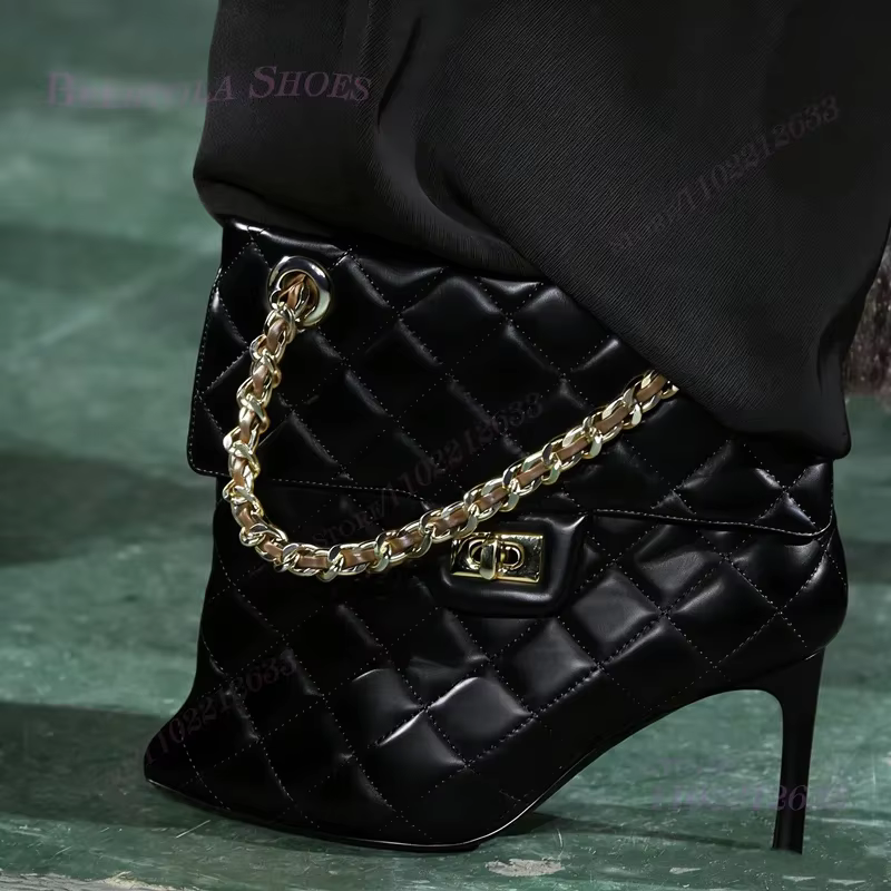 Sac à main rouge chaîne bottes bout pointu femmes marron cuir Plaid métal boucle talons cheville mol