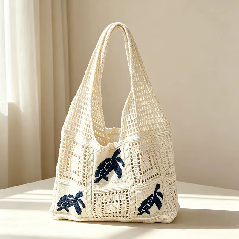 Sac à bandoulière grande capacité en crochet, sac fourre-tout brodé tortue, sac tissé ajouré, sac à 