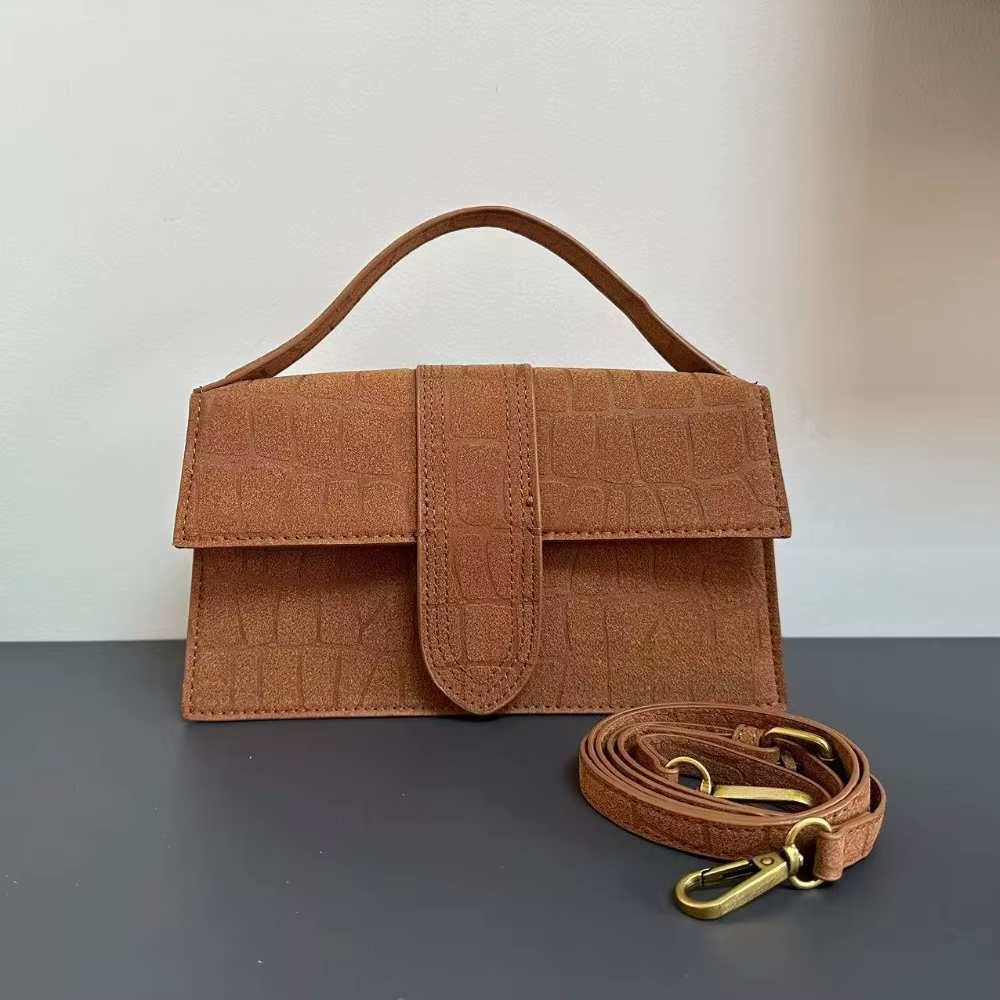 Sac à main en daim pour femme de 24 pouces, avec rabat gaufré effet crocodile et bandoulière amovibl
