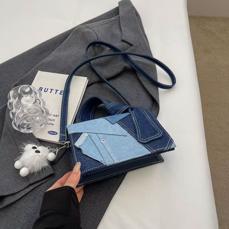 Sac à bandoulière en jean pour femme, petit sac à main carré, sac à main en denim, poignée nouée, po