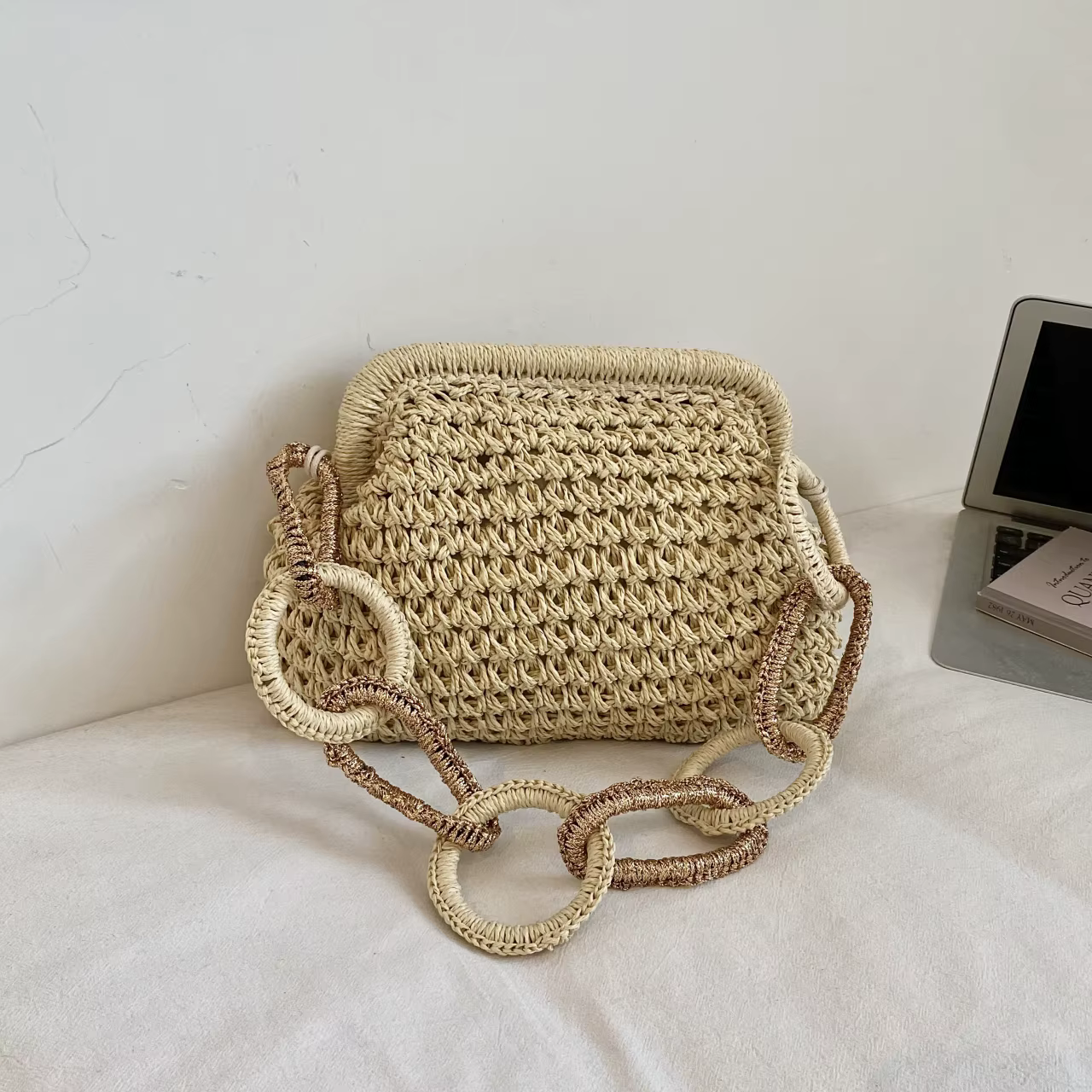 Sac à bandoulière rond grand format avec chaîne pour femme, nouveau sac de plage en paille été 2026,