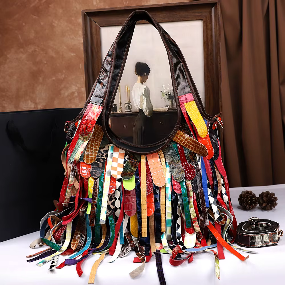 Sac à main en cuir véritable à franges pour femmes, fabriqué à la main, blocage de couleur, grande c