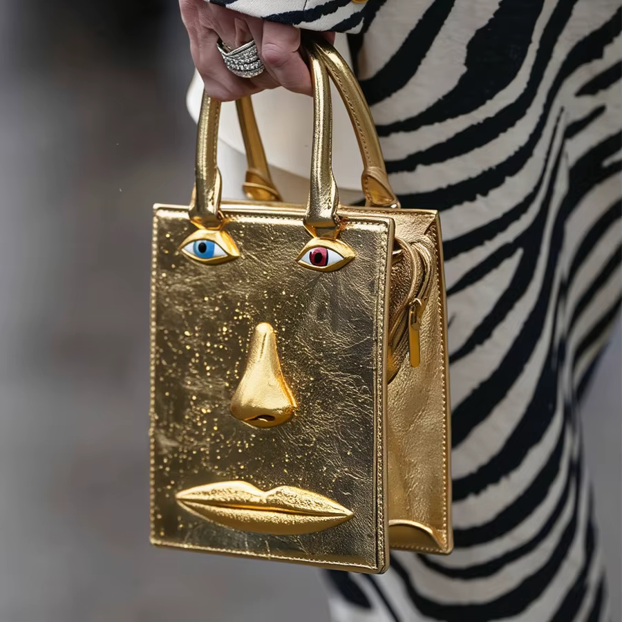 Sac à main de soirée vintage de luxe pour femme en cuir PU, motif visage en métal doré, sac à bandou