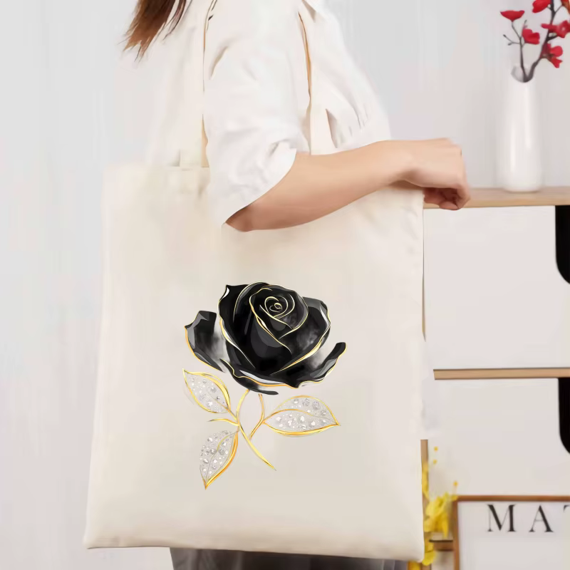 Sac fourre-tout en toile rose noir crème, silhouette dorée et design feuille de perle, adapté au sho