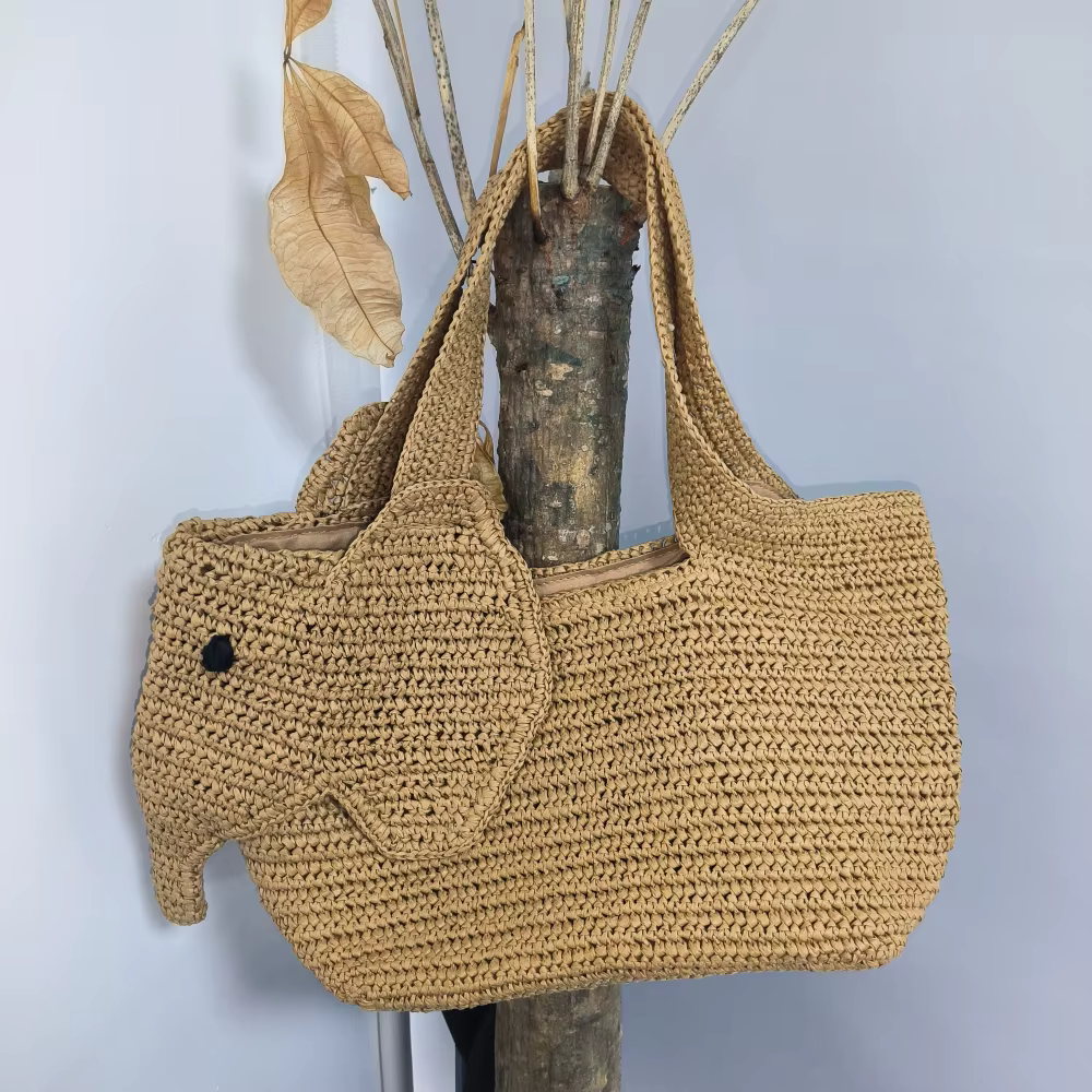 Sac à main en raphia tressé à la main en forme d'éléphant, sac à bandoulière pour femme, sac fourre-