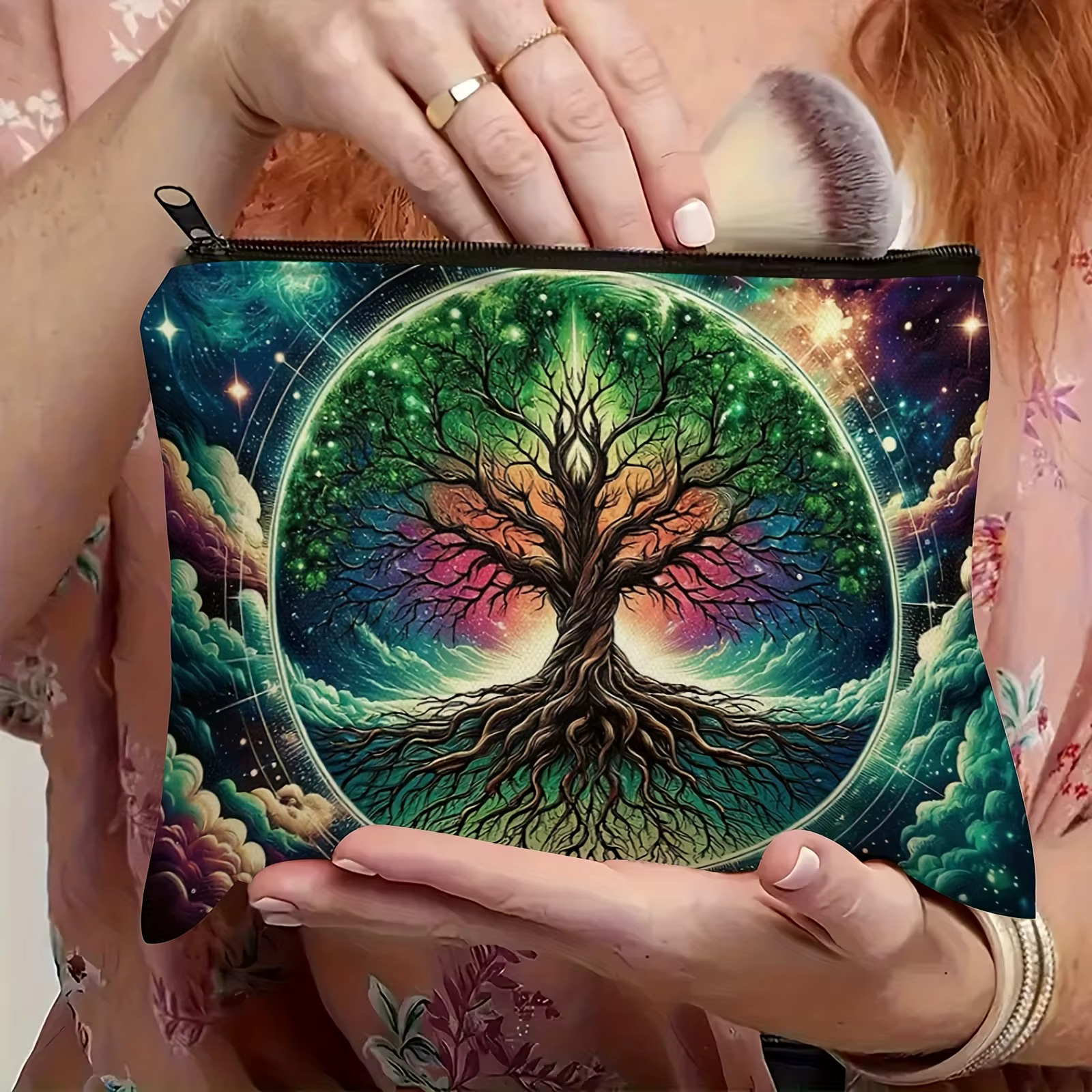 Trousse de maquillage arbre de vie magique, Design forêt mystique avec feuillage brillant, organisat