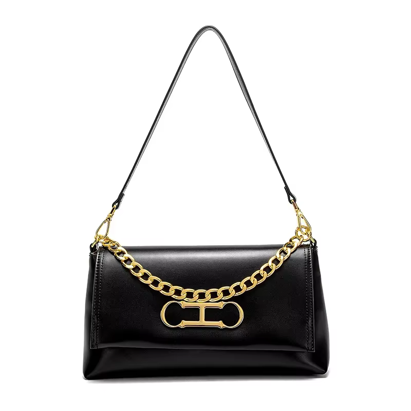 Sac à rabat en cuir de luxe CH, gaufrage premium, chaîne métallique brillante, fermeture éclair liss