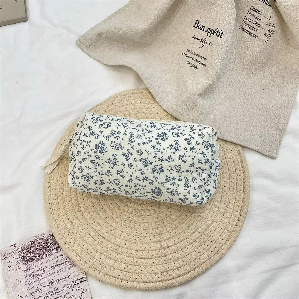 Sac à cosmétiques à fleurs bleues de grande capacité, trousse de maquillage pour femmes, organisateu