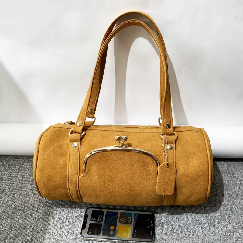 Sacs à fermeture Kisslock en forme de baril givrés, sacs à main rétro en daim, sacs oreiller de luxe