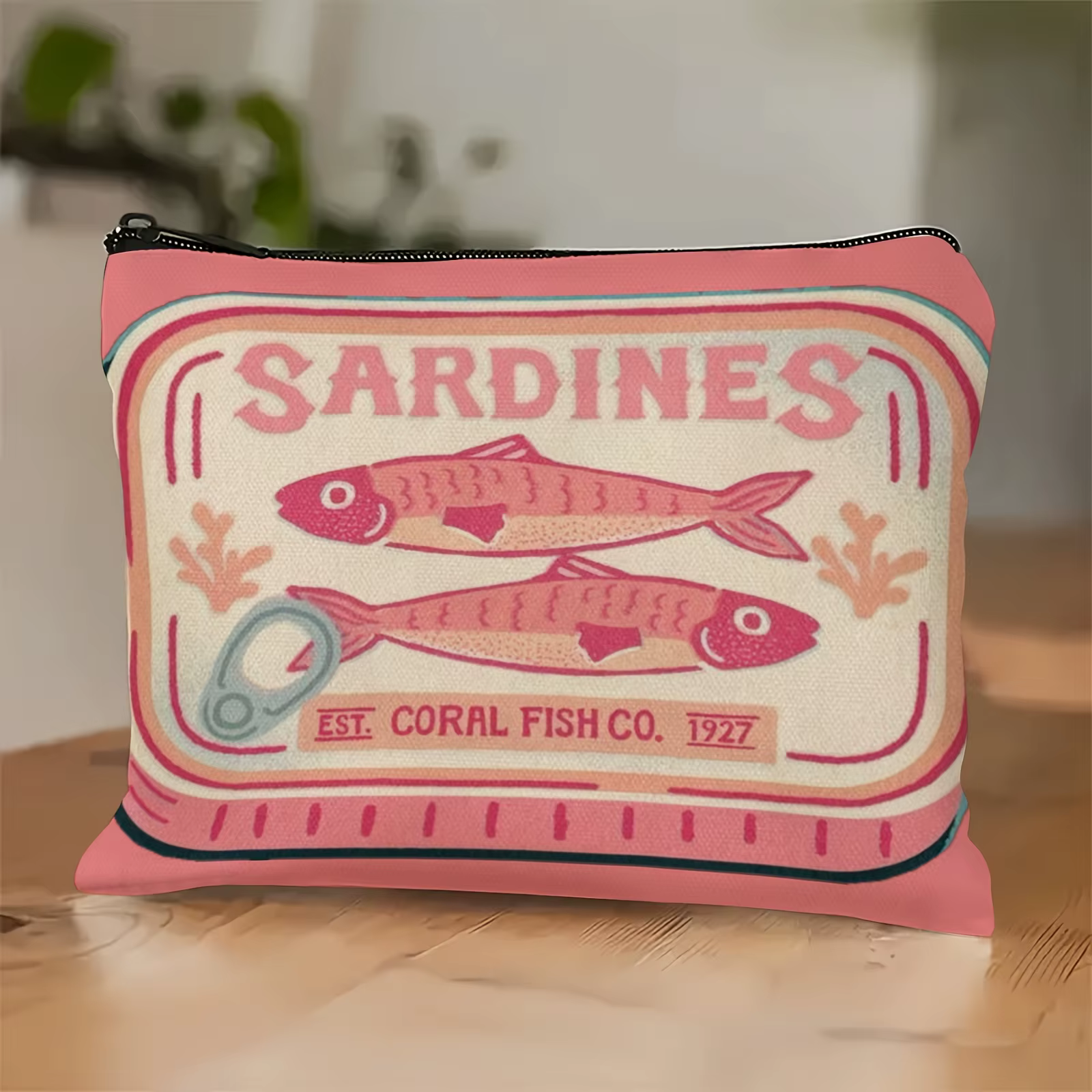 Pochette à fermeture éclair imprimée rose pour sardines fantaisistes, pochette cosmétique rétro pour