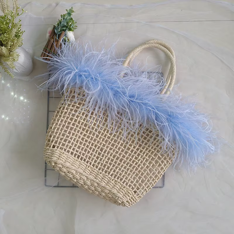 Sac à main en paille tressée avec véritable plume d'autruche, sac de plage décontracté pour les vaca