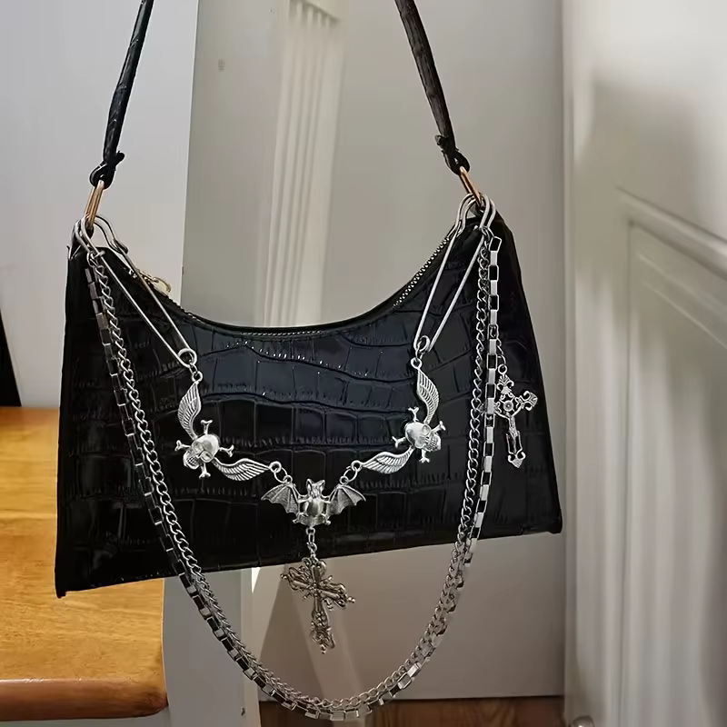Sac à main gothique Y2K avec chaîne tête de mort et croix - Petit sac à bandoulière en similicuir st