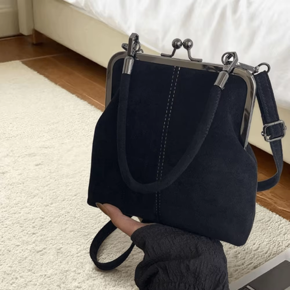 Sac à main rétro grande capacité en cuir PU givré avec fermoir Kiss Lock, sac bandoulière à clip, po