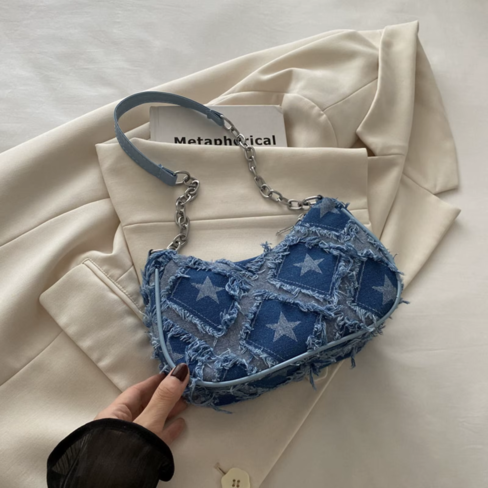 Sac décontracté en Denim délavé rétro pour femmes, sac à bandoulière à carreaux avec garniture de po