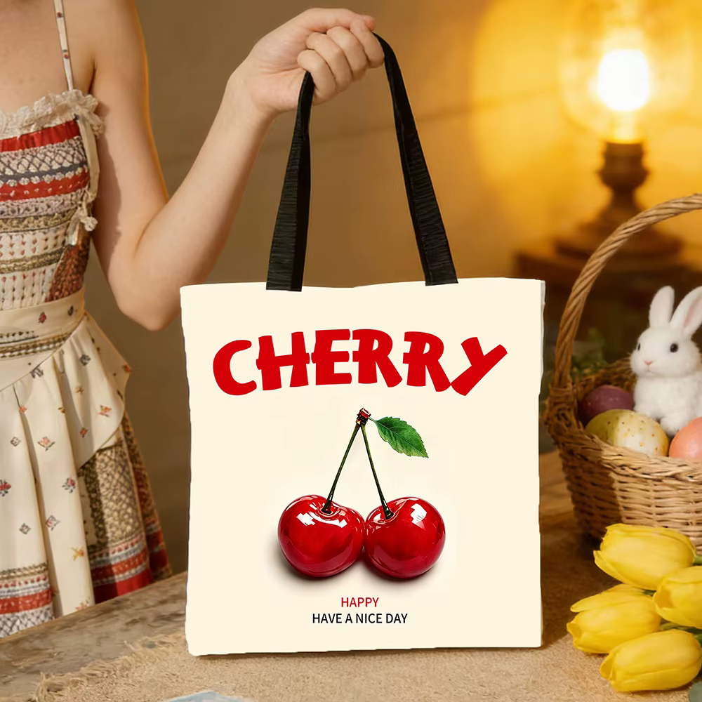Sac fourre-tout en toile à imprimé cerises – Base crème minimaliste avec inscription « CHERRY » roug